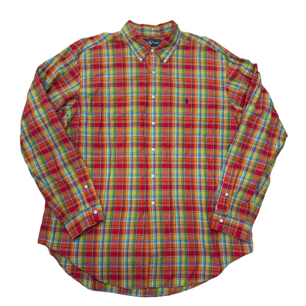 Ralph Lauren Button Down Shirt Mens XXL Classic Fit Madras Plaid Cotton Linen